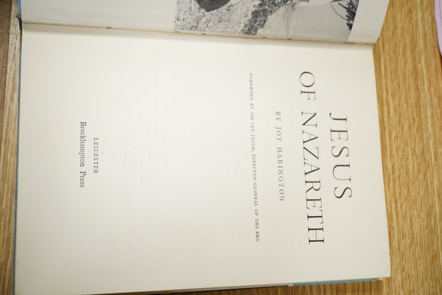 Three various books, Tree tops by Jim Corbett, Jesus of Nazareth by Joy Harington and The Old Man and the Sea by Ernest Hemingway, each autographed